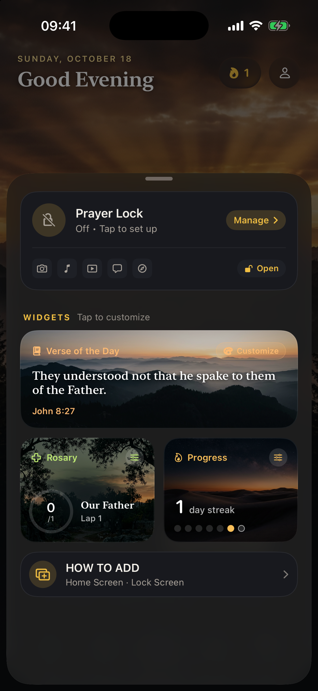 Versea’s rosary counter widget with the Olive Dusk scene.