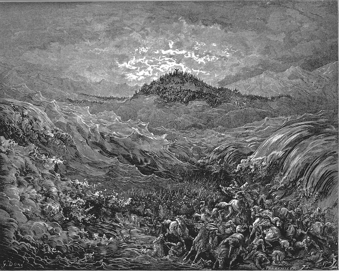 Gustave Doré’s engraving of the waters of the Red Sea crashing over Pharaoh’s chariots.
