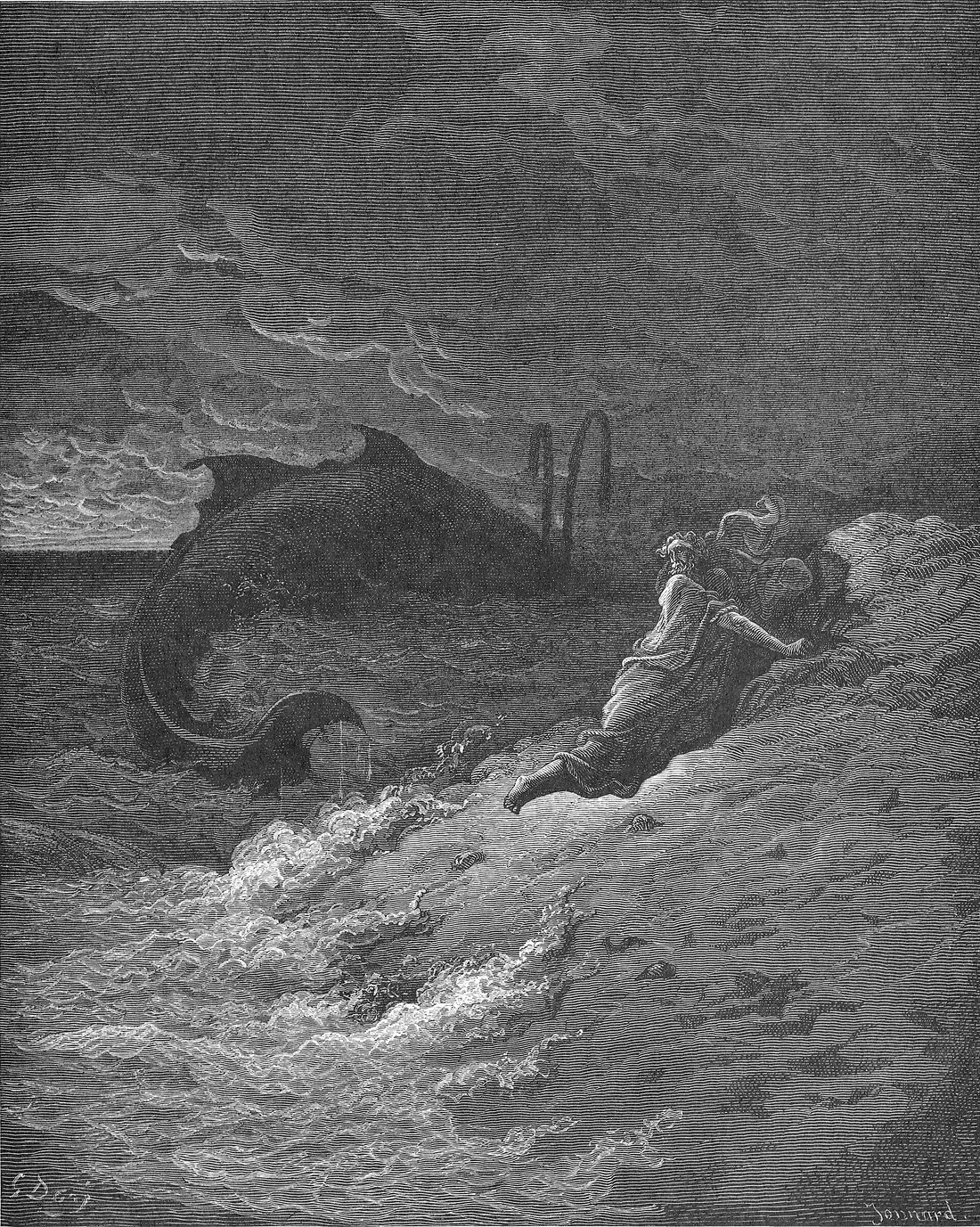 Grabado de Gustave Doré: Jonás es arrojado por el gran pez sobre la orilla.