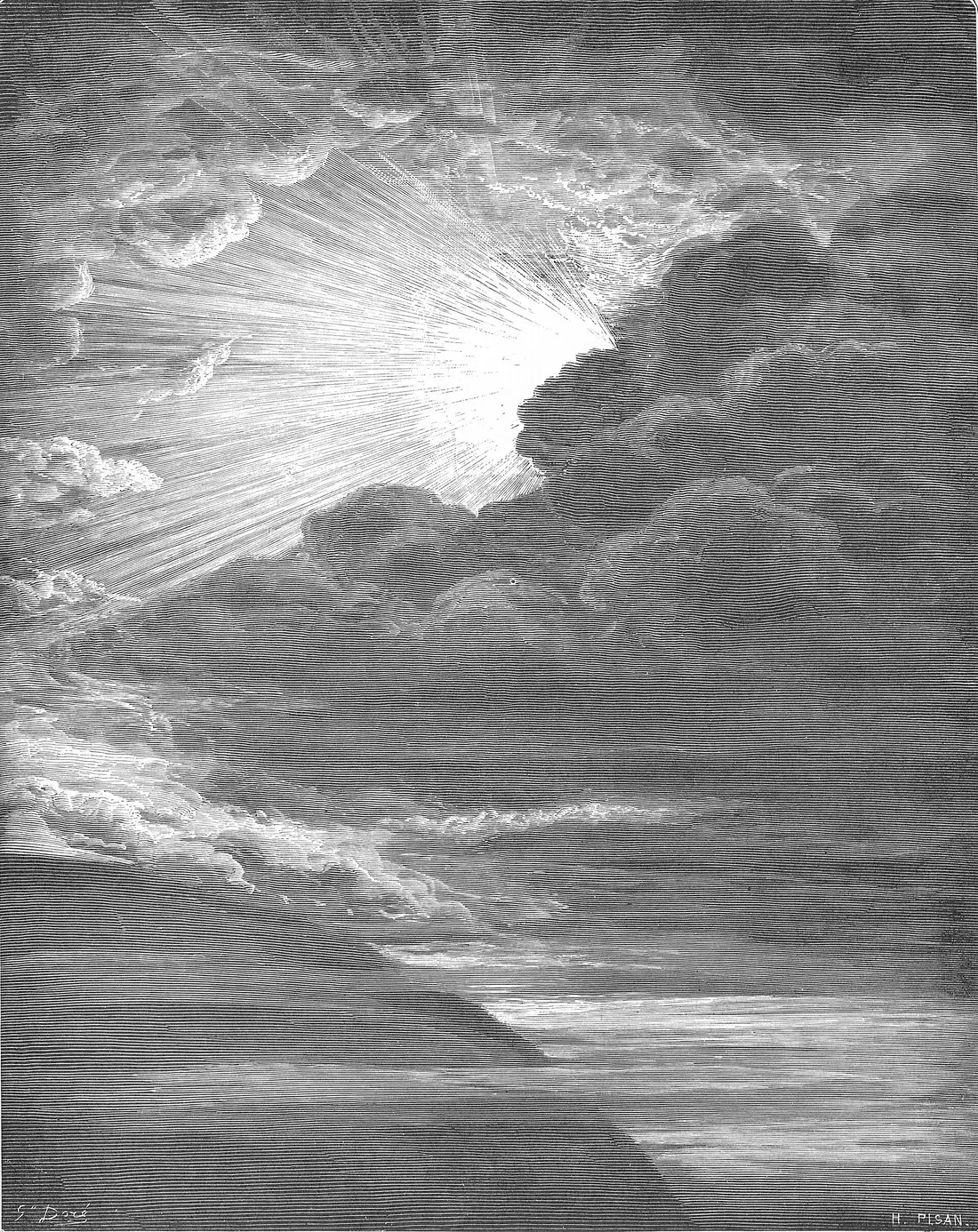 Stich von Gustave Doré: Licht bricht durch die Wolken über dunklen Wassern.