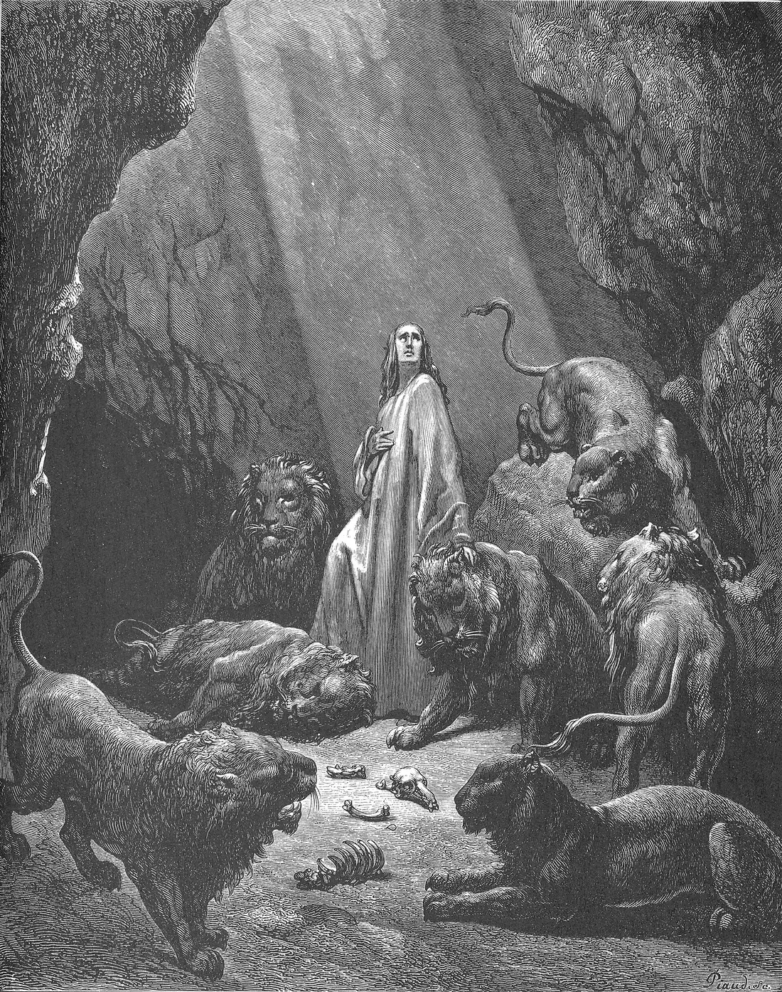Stich von Gustave Doré: Daniel steht ruhig inmitten von Löwen in einem Lichtstrahl.