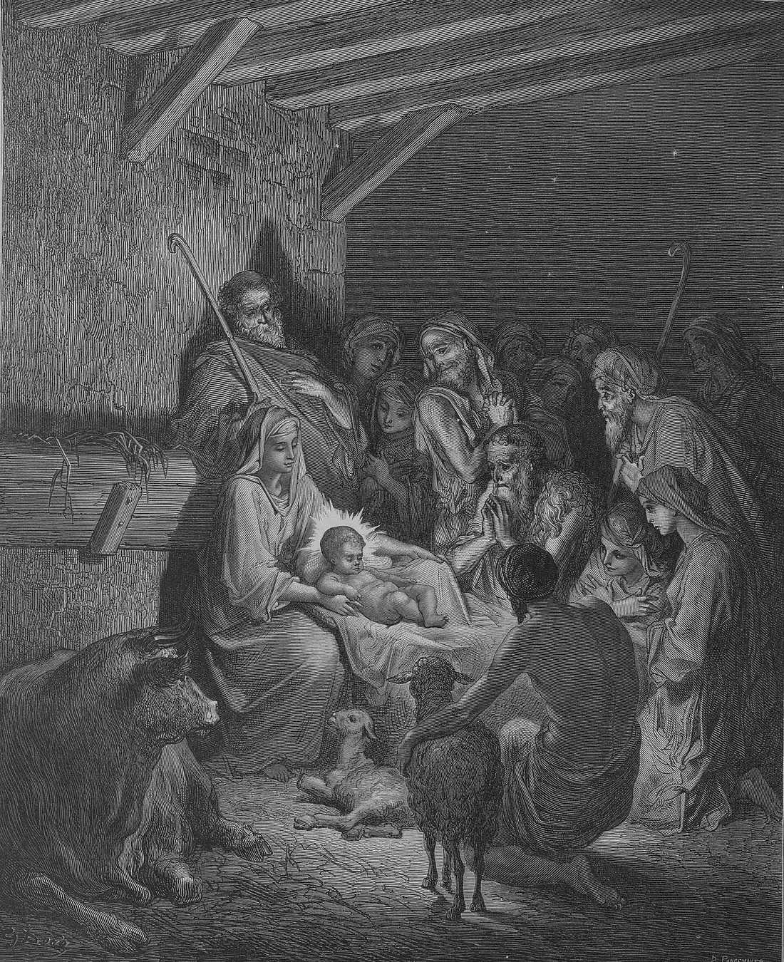 Stich von Gustave Doré: das neugeborene Jesuskind mit Maria und Josef, umgeben von Licht.