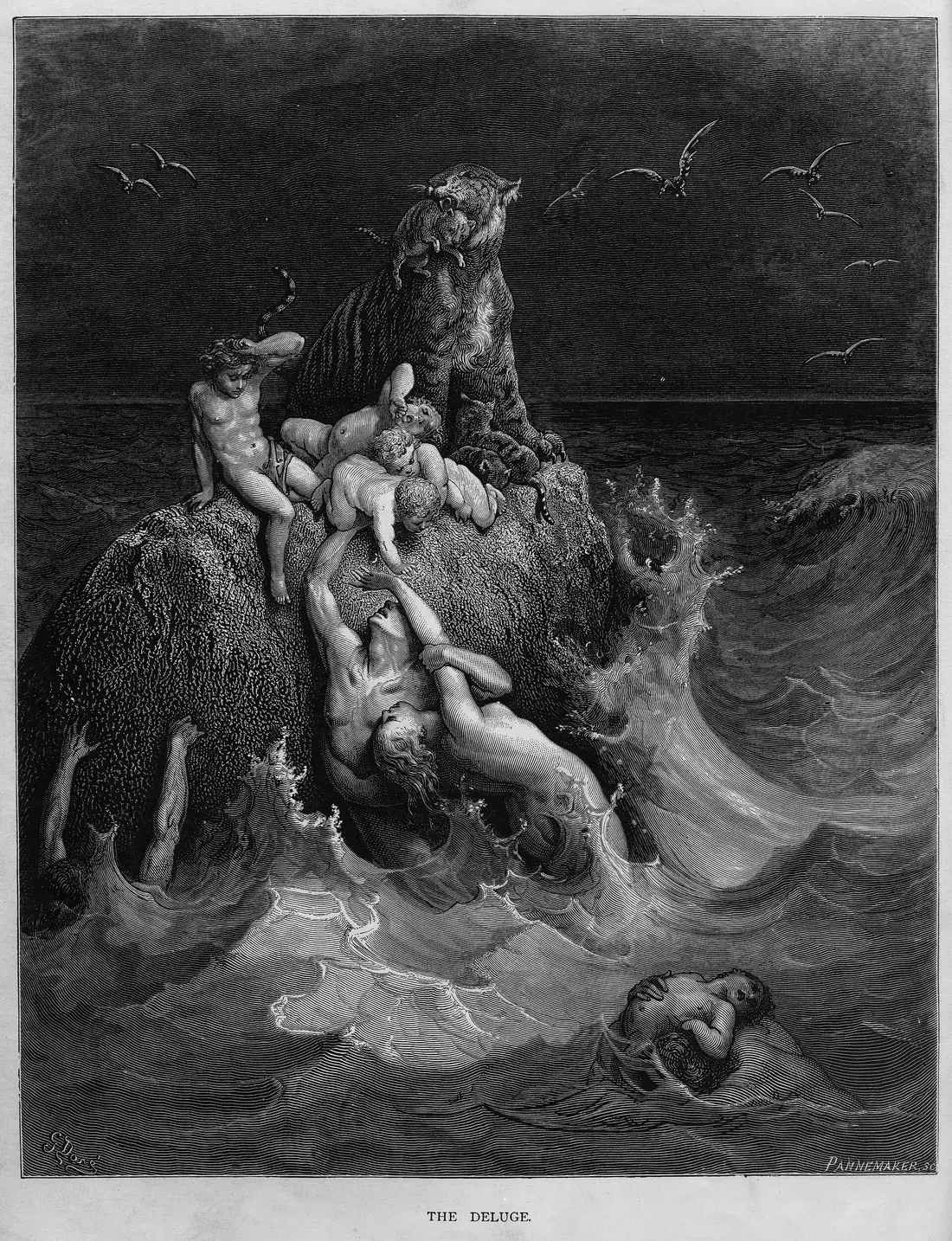 Gustave Doré’s engraving The Deluge: people and animals clinging to rocks as the waters rise.