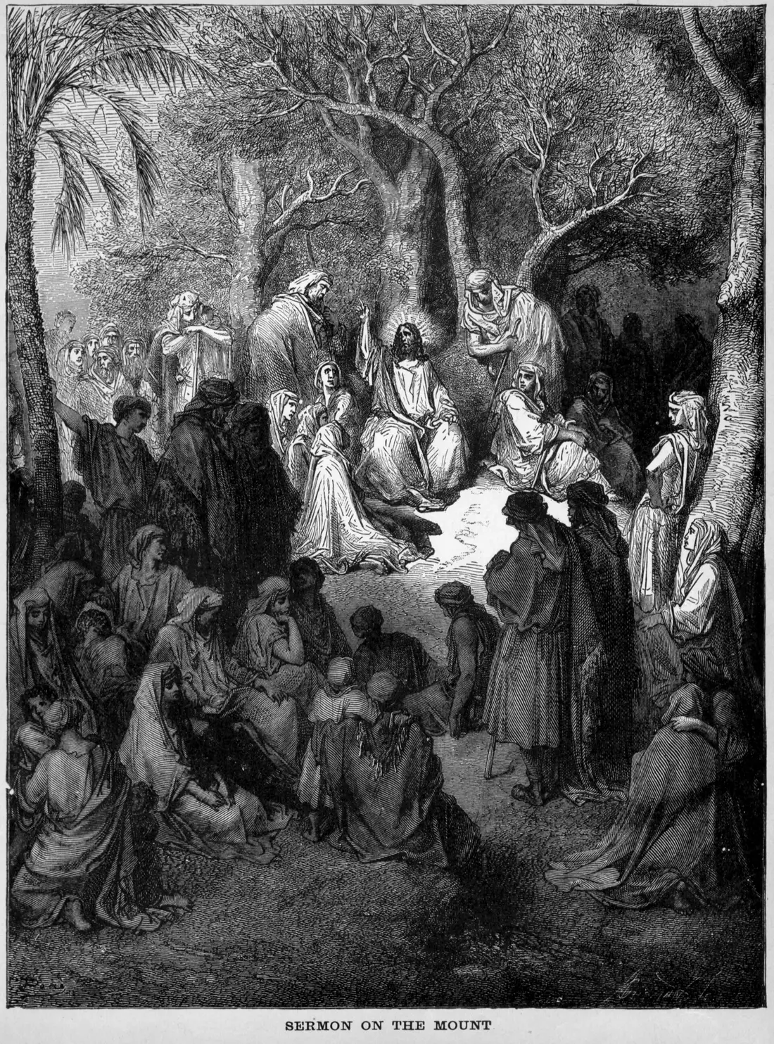 Stich von Gustave Doré: Jesus lehrt eine große Menge von einem Berghang aus.